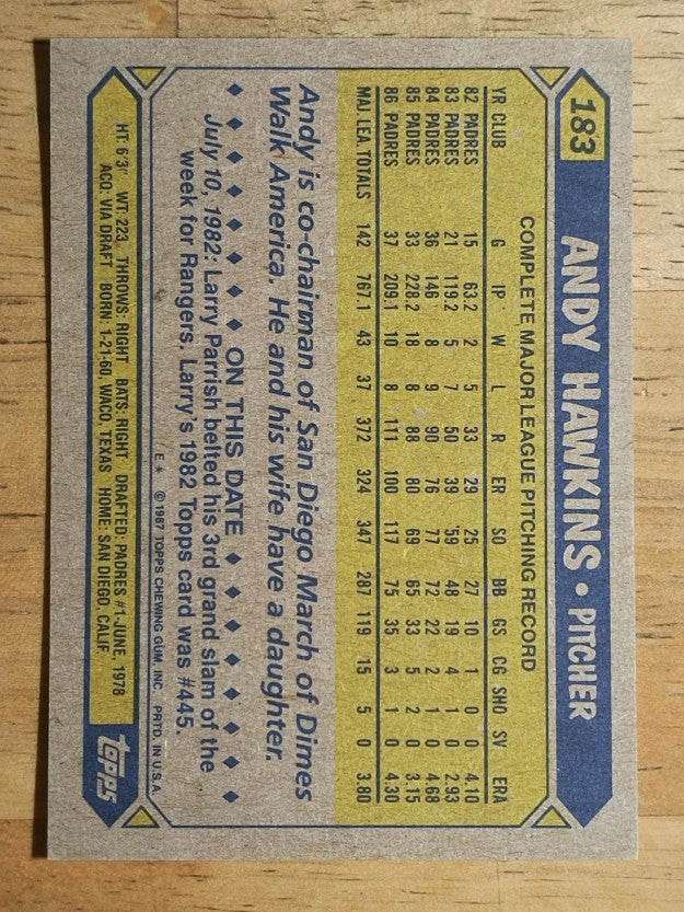 1987 Topps #183 Andy Hawkins