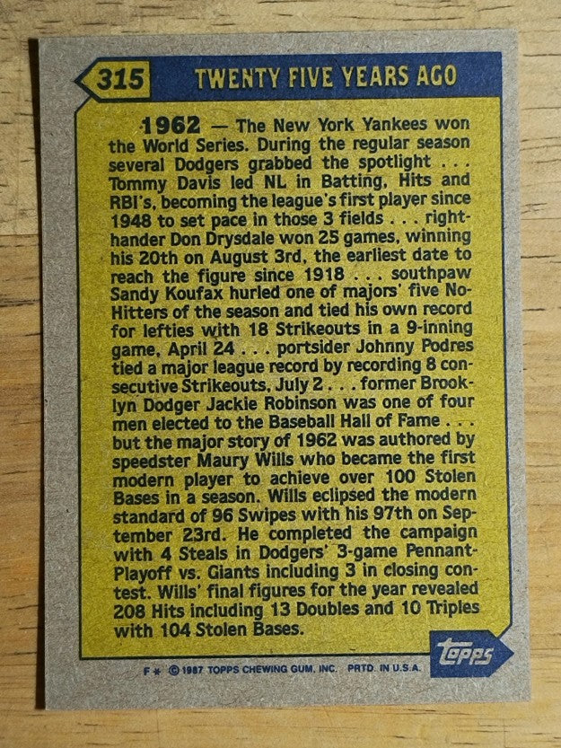1987 Topps #315 Maury Wills TBC '62