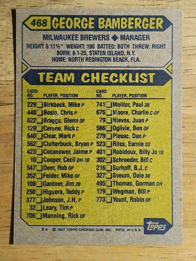 1987 Topps #468 George Bamberger MG