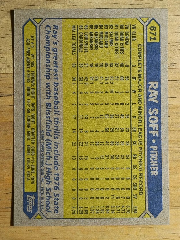 1987 Topps #671A Ray Soff ERR/No D* before copyright line