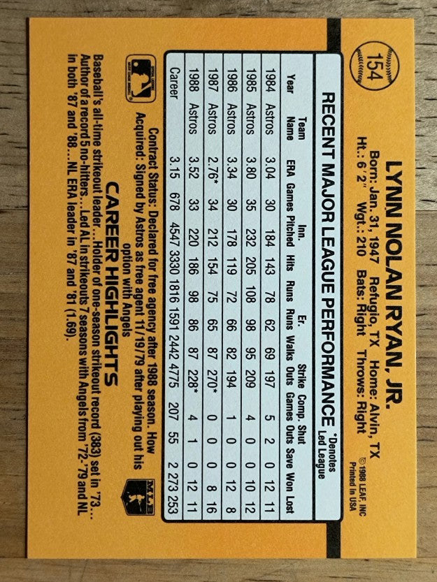 1989 Donruss #154 Nolan Ryan