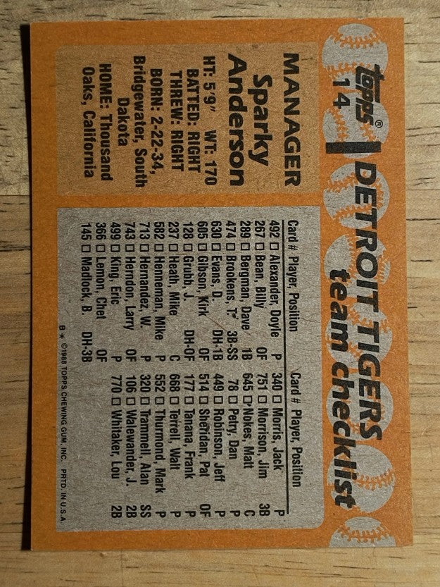 1988 Topps #14 Sparky Anderson MG