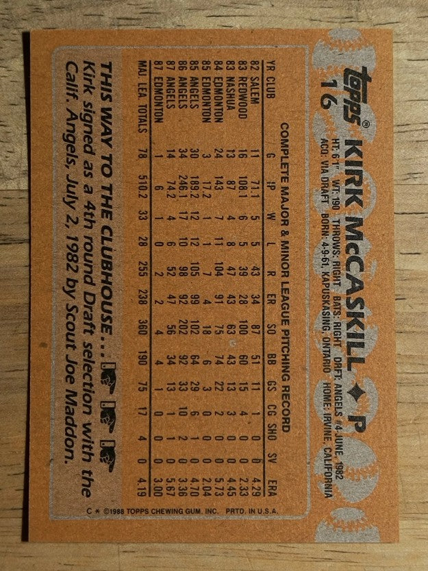 1988 Topps #16 Kirk McCaskill