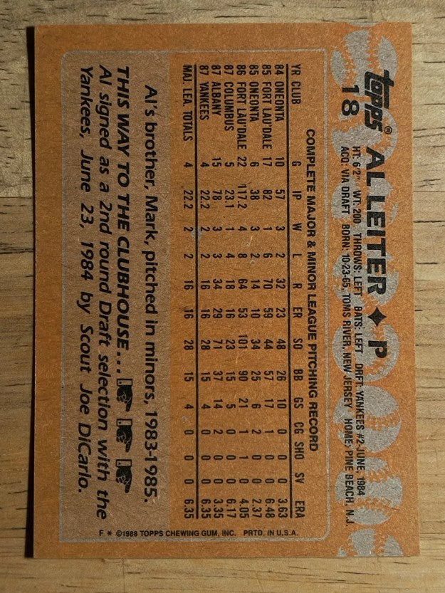 1988 Topps #18A Al Leiter ERR/right ear visible