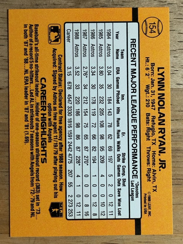 1989 Donruss #154 Nolan Ryan