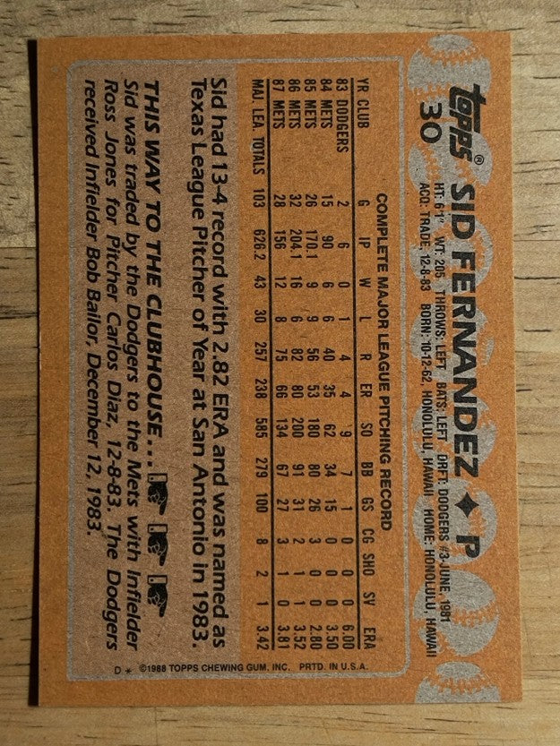 1988 Topps #30 Sid Fernandez