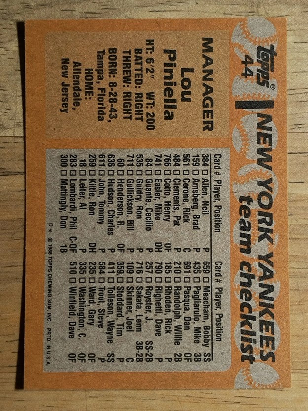 1988 Topps #44 Lou Piniella MG