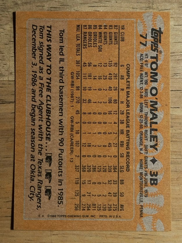 1988 Topps #77 Tom O'Malley