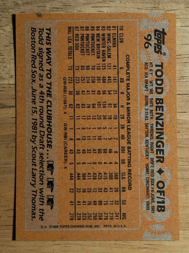 1988 Topps #96 Todd Benzinger RC