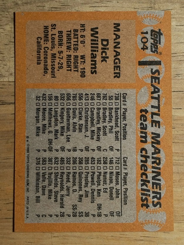 1988 Topps #104 Dick Williams MG