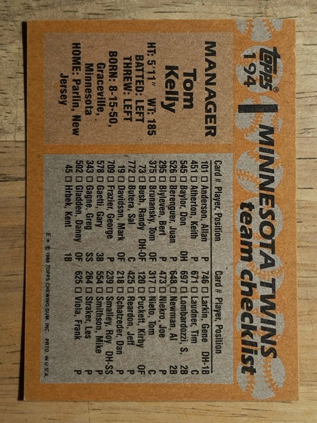 1988 Topps #194 Tom Kelly MG