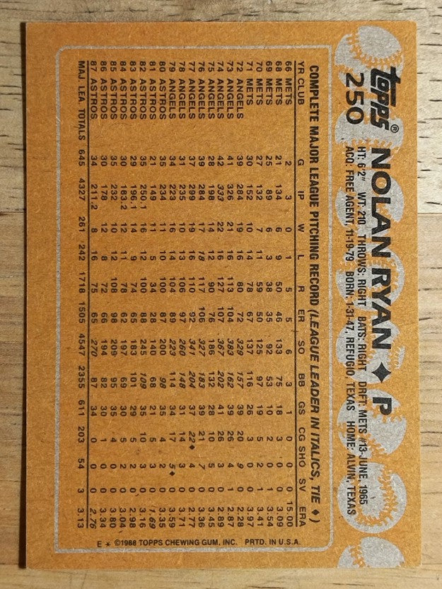 1988 Topps #250 Nolan Ryan