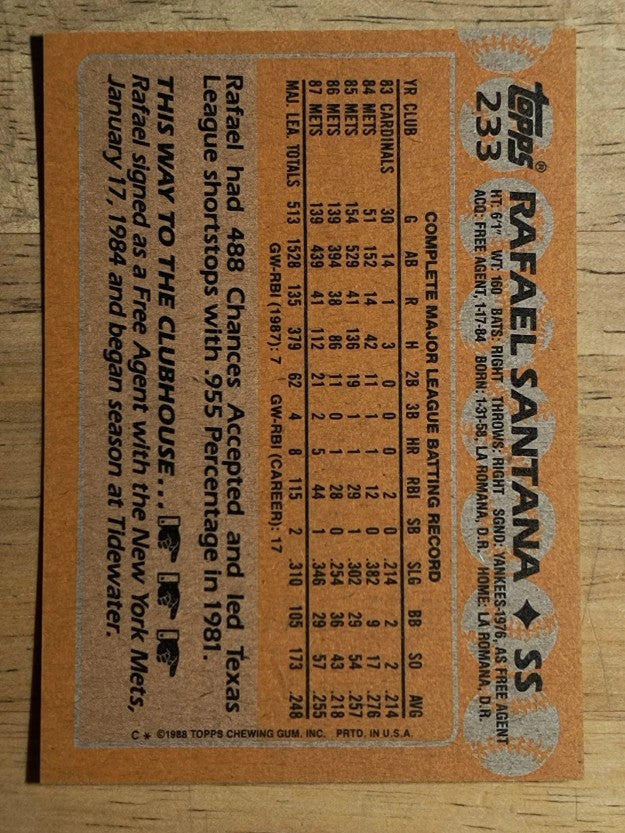 1988 Topps #233 Rafael Santana