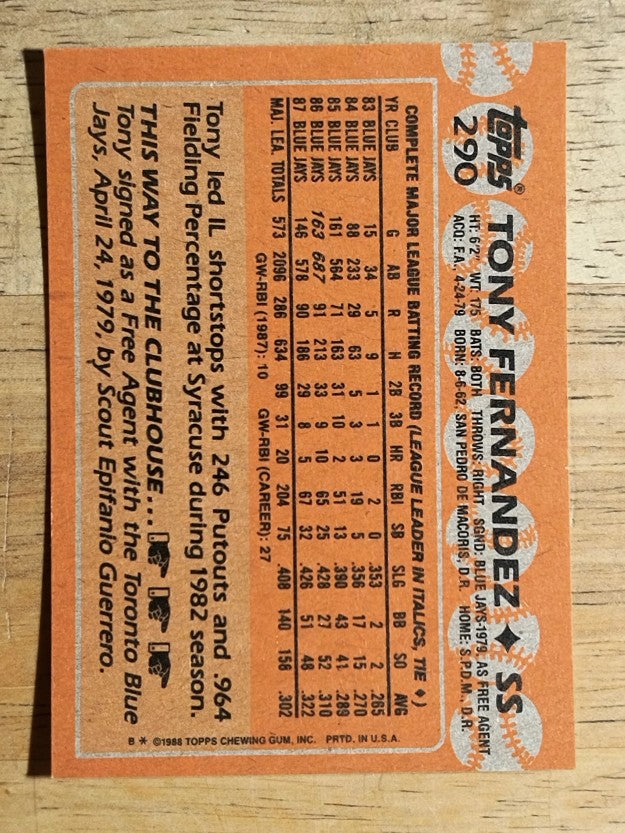 1988 Topps #290 Tony Fernandez