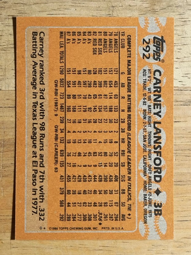 1988 Topps #292 Carney Lansford
