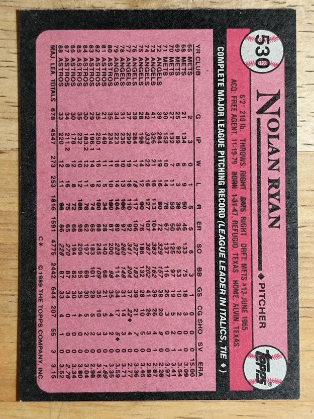 1989 Topps #530 Nolan Ryan