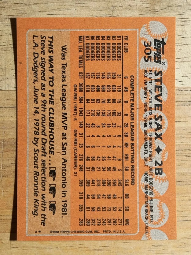 1988 Topps #305 Steve Sax