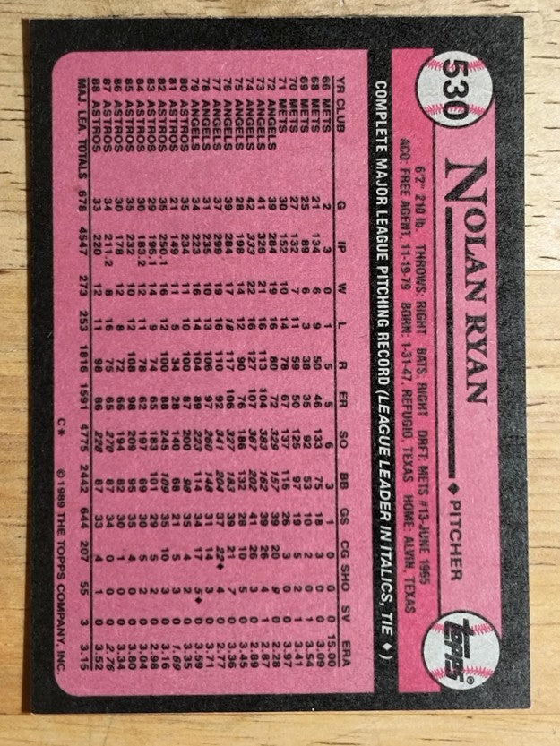 1989 Topps #530 Nolan Ryan