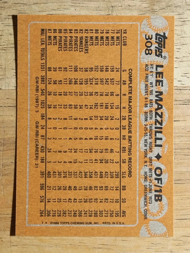 1988 Topps #308 Lee Mazzilli