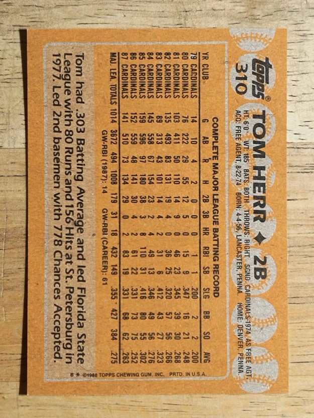 1988 Topps #310 Tom Herr