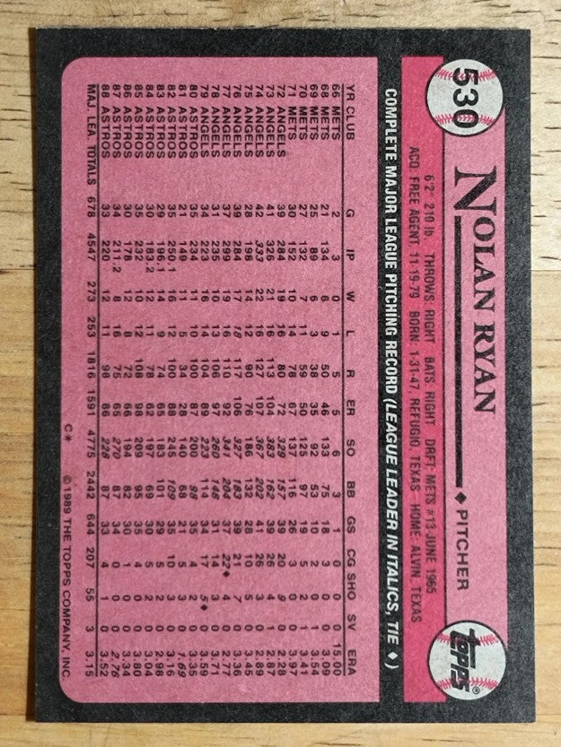 1989 Topps #530 Nolan Ryan