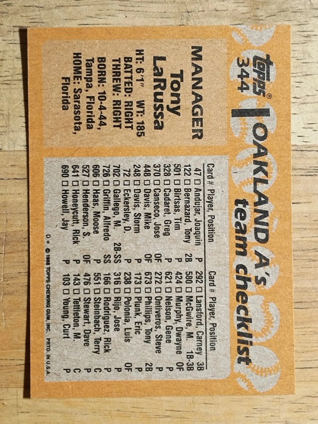 1988 Topps #344 Tony LaRussa MG