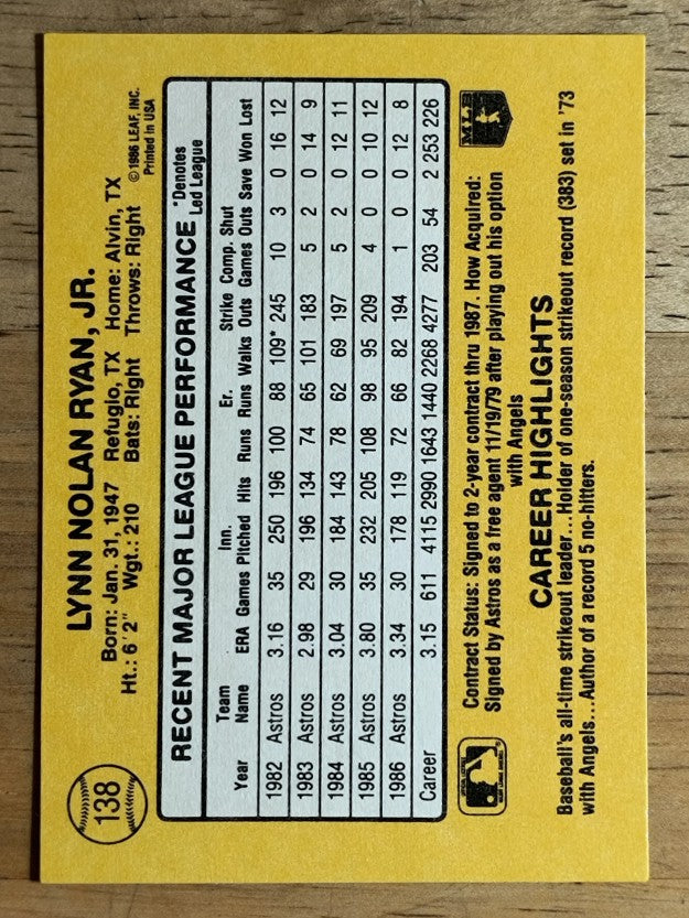 1987 Donruss #138 Nolan Ryan
