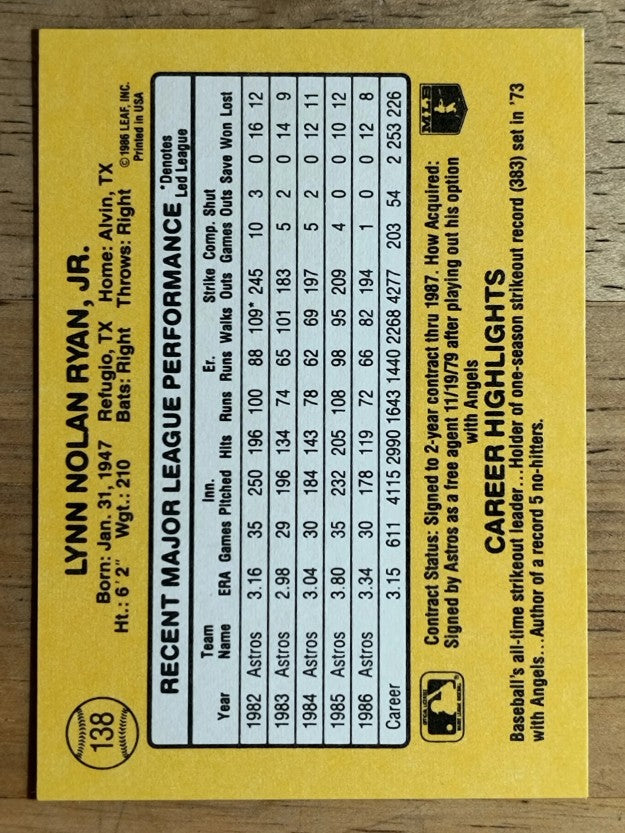 1987 Donruss #138 Nolan Ryan