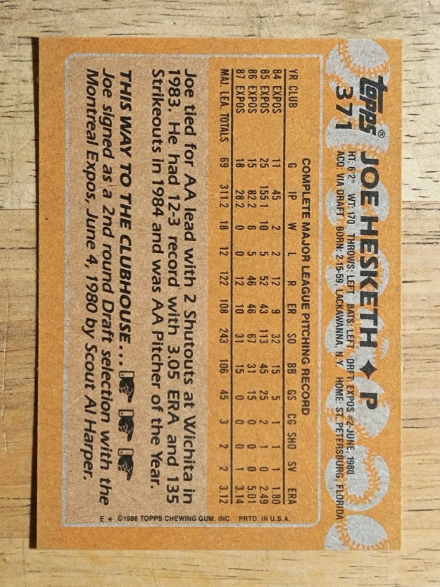 1988 Topps #371 Joe Hesketh