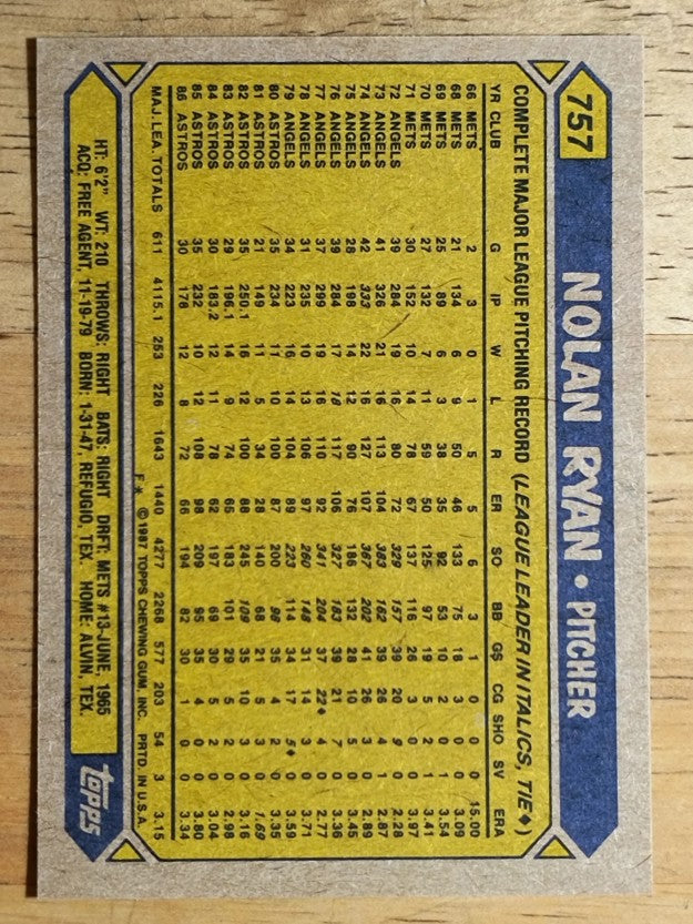 1987 Topps #757 Nolan Ryan