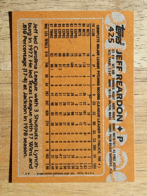 1988 Topps #425 Jeff Reardon