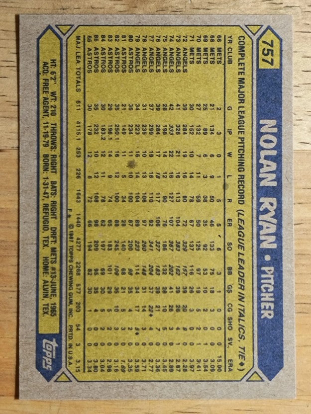 1987 Topps #757 Nolan Ryan