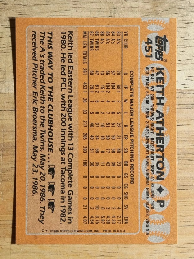 1988 Topps #451 Keith Atherton