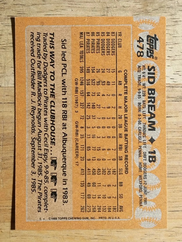 1988 Topps #478 Sid Bream
