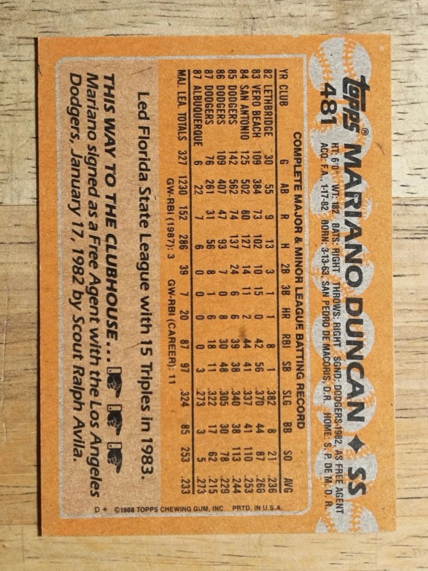 1988 Topps #481 Mariano Duncan