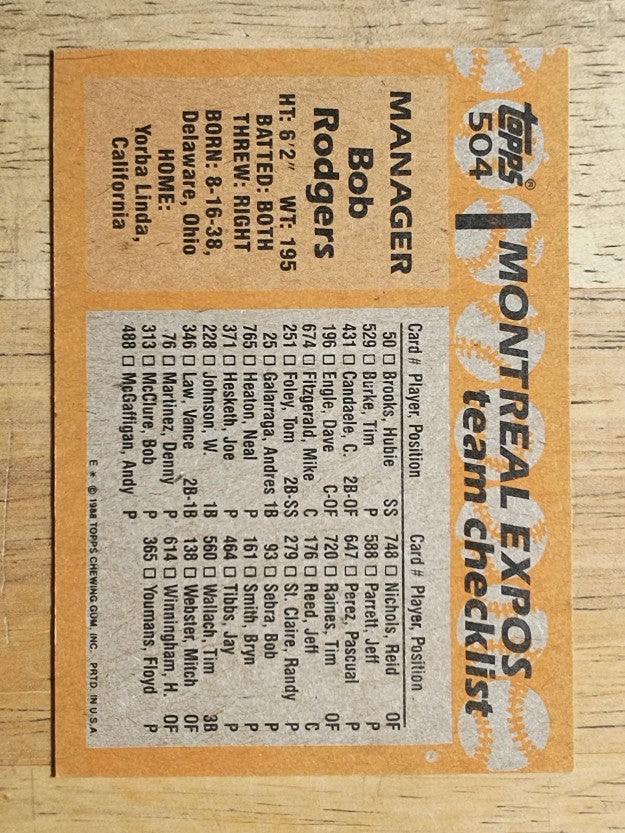 1988 Topps #504 Bob Rodgers MG
