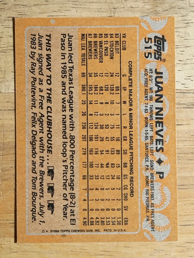 1988 Topps #515 Juan Nieves