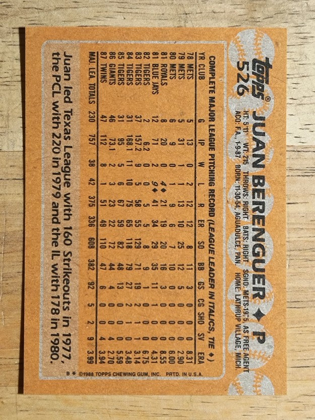 1988 Topps #526 Juan Berenguer