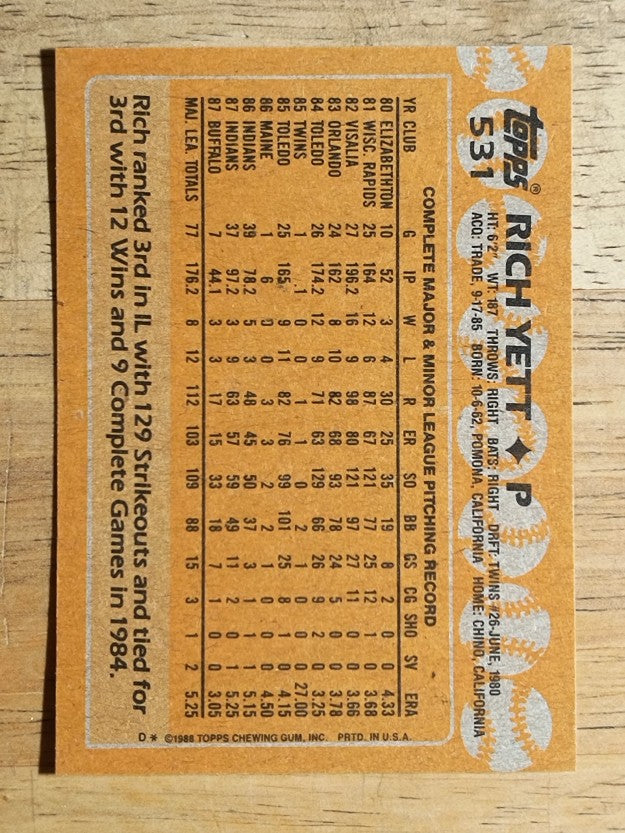 1988 Topps #531 Rich Yett