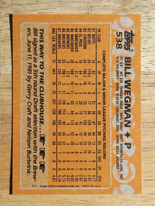 1988 Topps #538 Bill Wegman