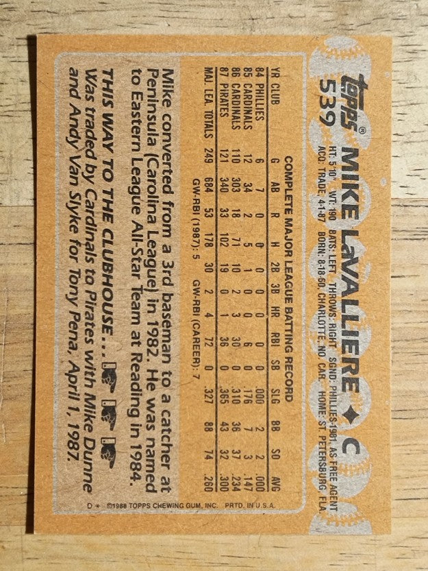1988 Topps #539 Mike LaValliere
