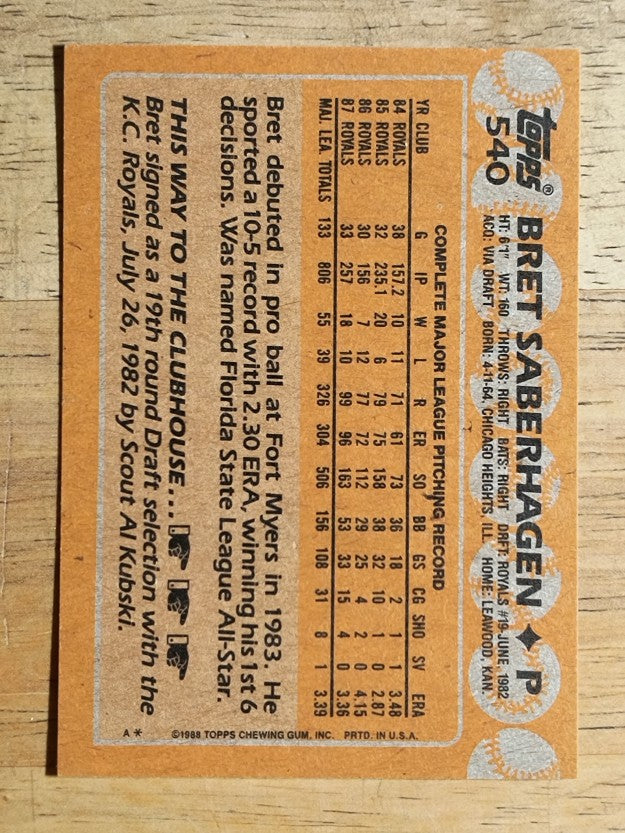 1988 Topps #540 Bret Saberhagen