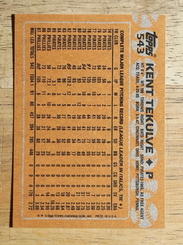 1988 Topps #543 Kent Tekulve