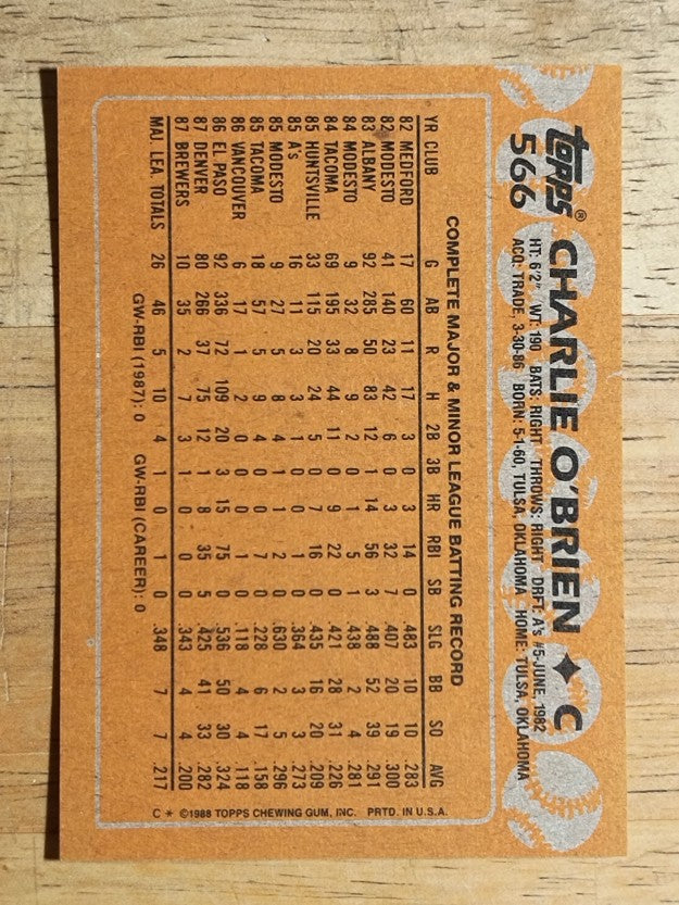 1988 Topps #566 Charlie O'Brien RC