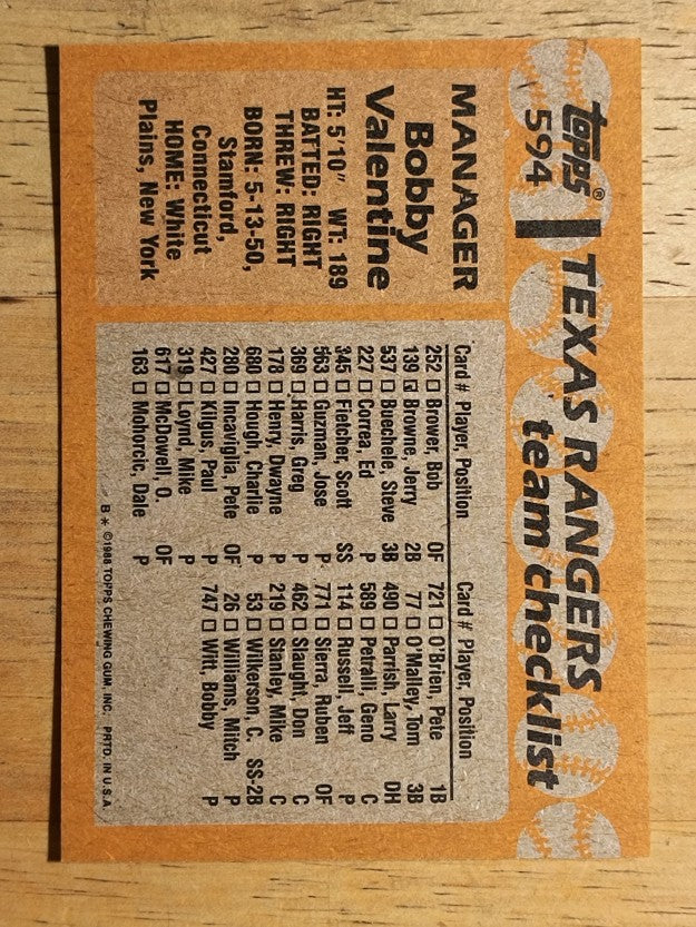 1988 Topps #594 Bobby Valentine MG