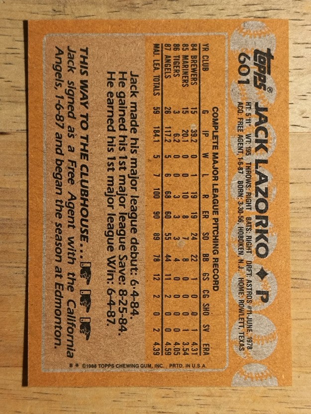 1988 Topps #601 Jack Lazorko