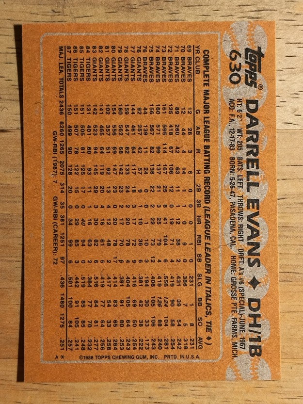 1988 Topps #630 Darrell Evans