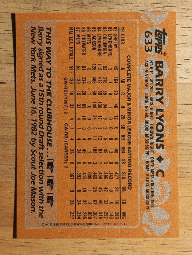 1988 Topps #633 Barry Lyons