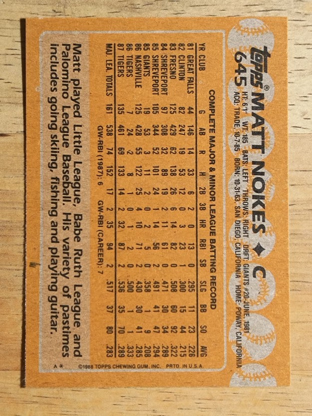 1988 Topps #645 Matt Nokes RC