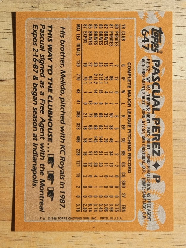 1988 Topps #647 Pascual Perez